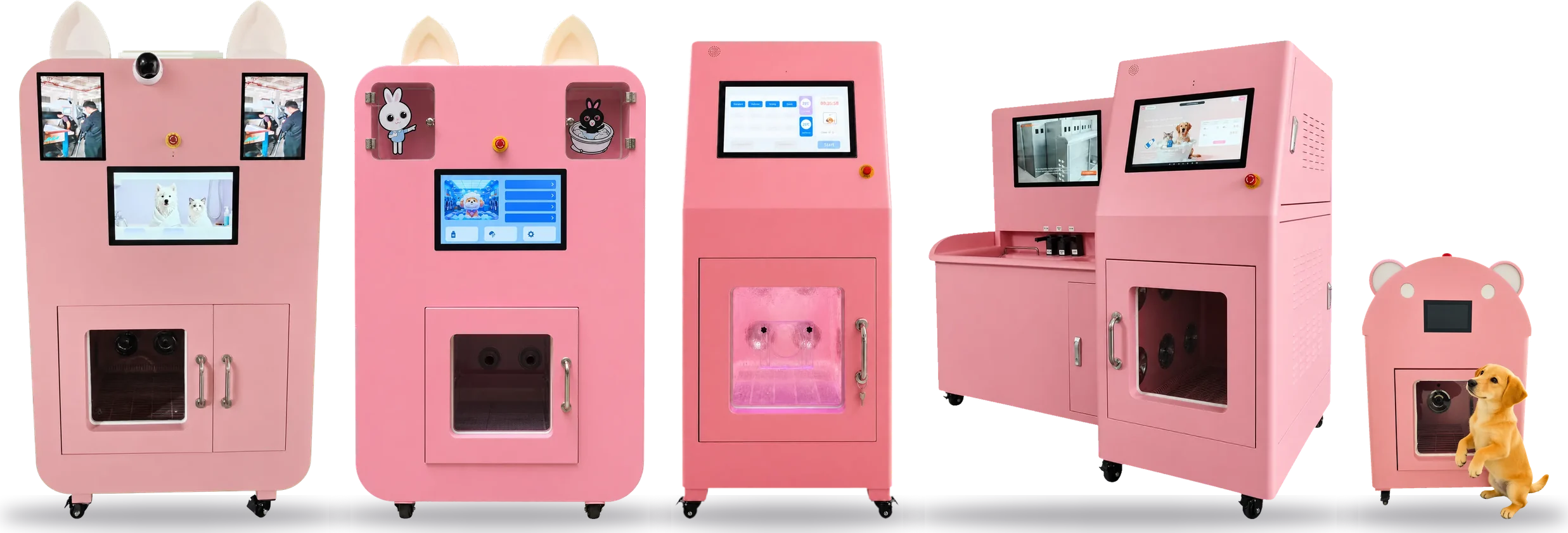 PetWash Max, Pro, Store, Tub and Mini pet wash machines lined up by size