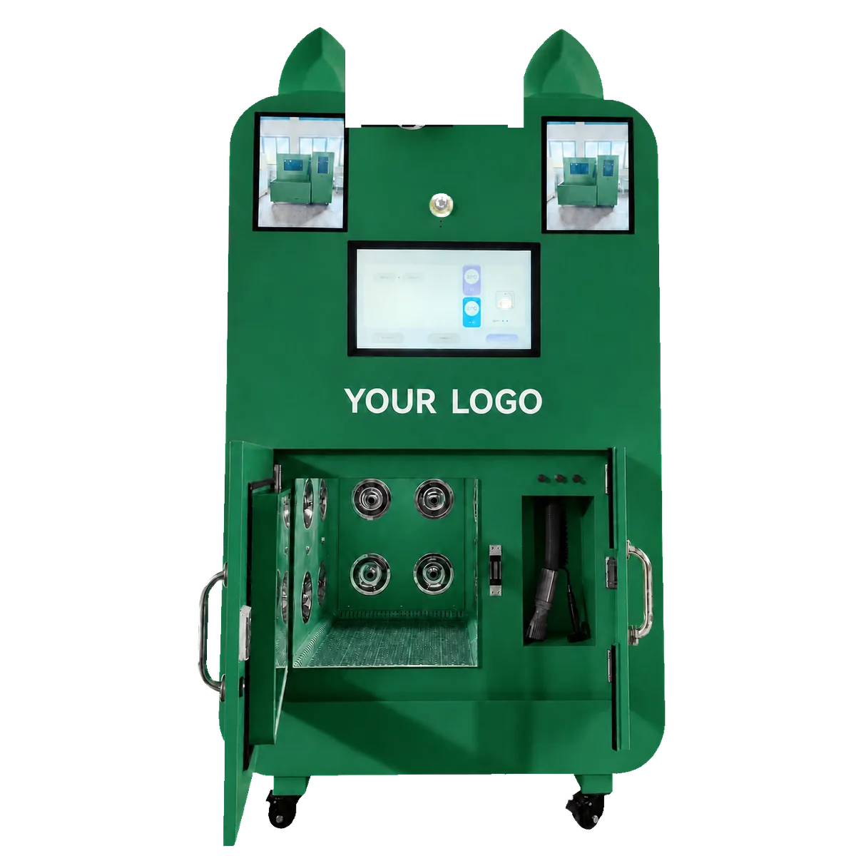 OEM pet washing machine in custom green with your logo, doors open on the washing chamber and dryer bay