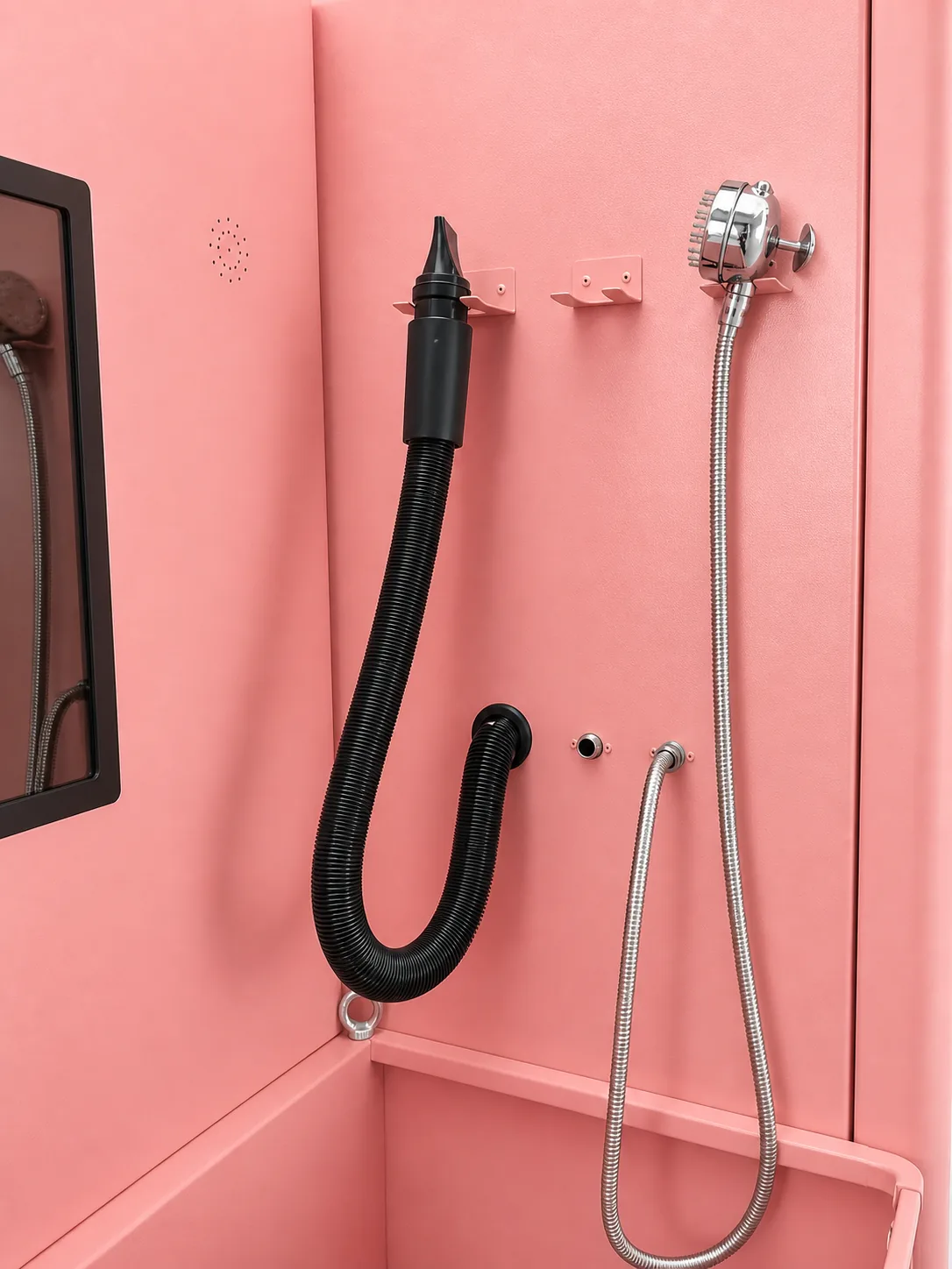dryer hose and shower head mounted inside the pet wash tub station