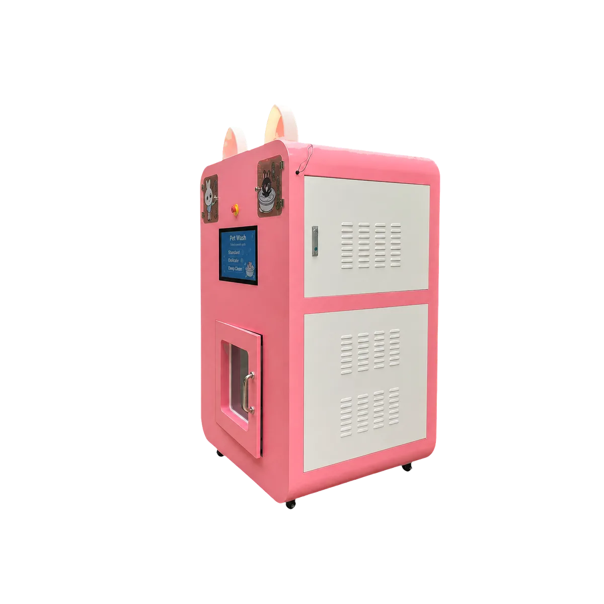 side of the single-door pet wash machine showing service panels and castors